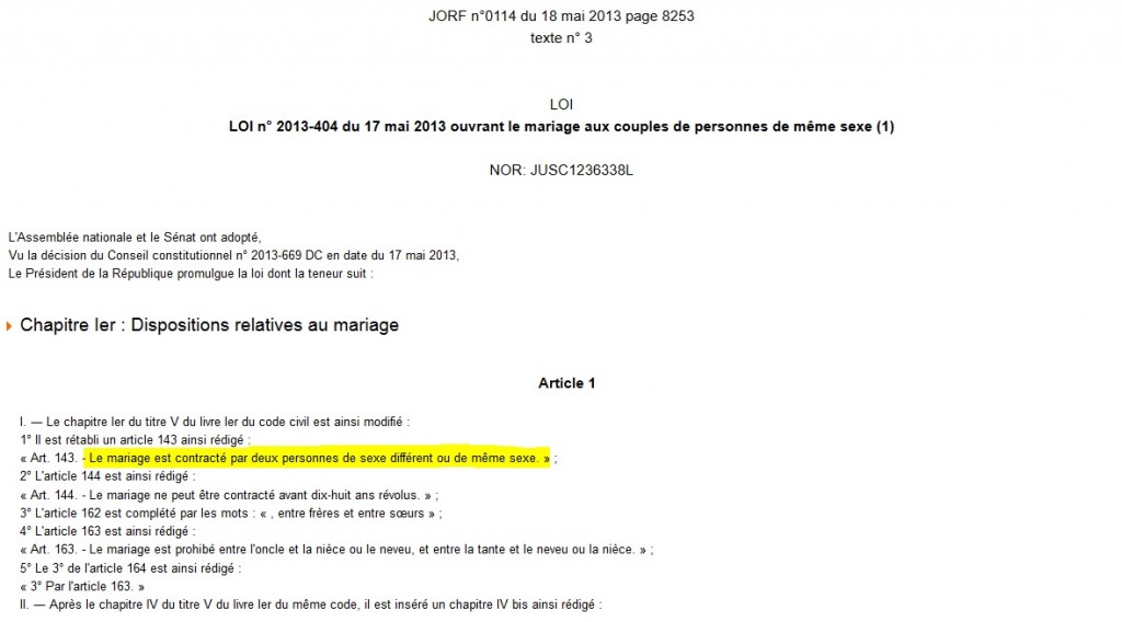 Mariage pour tous journal officiel